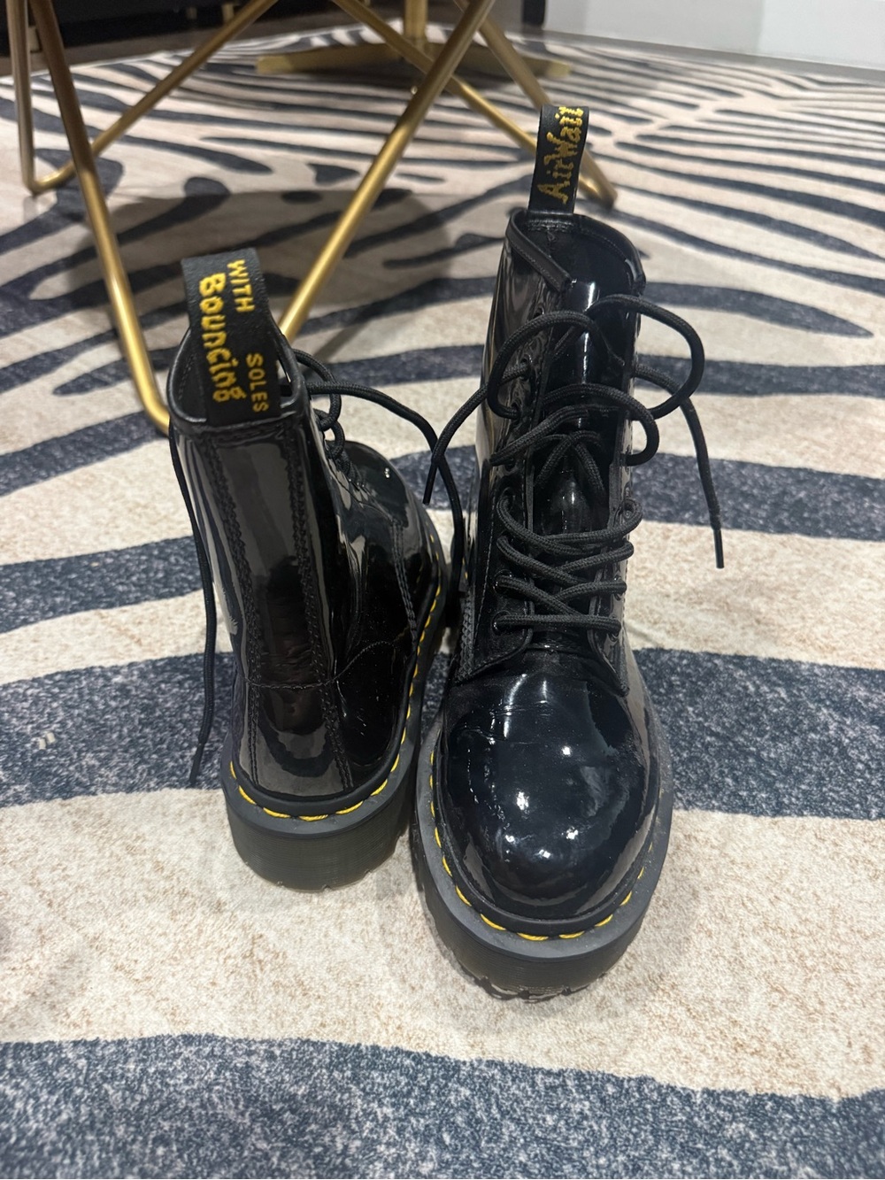 Dr. Martens Black Patent Lace-Up Boots with Yellow Stitch Detail